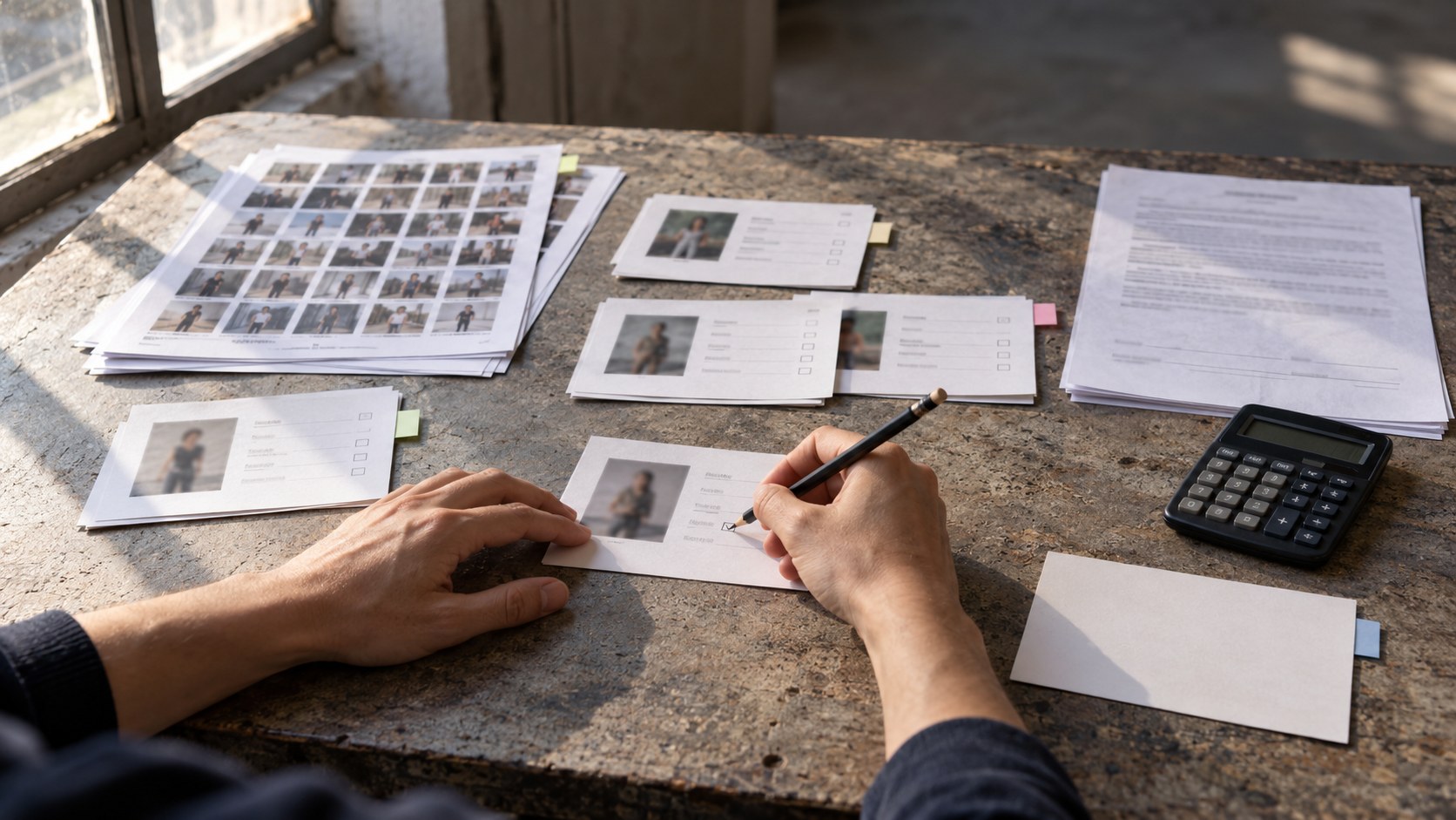 A creator marks referral outcomes on campaign cards beside contact sheets, category tabs, a calculator, and blurred paperwork in strong window light.