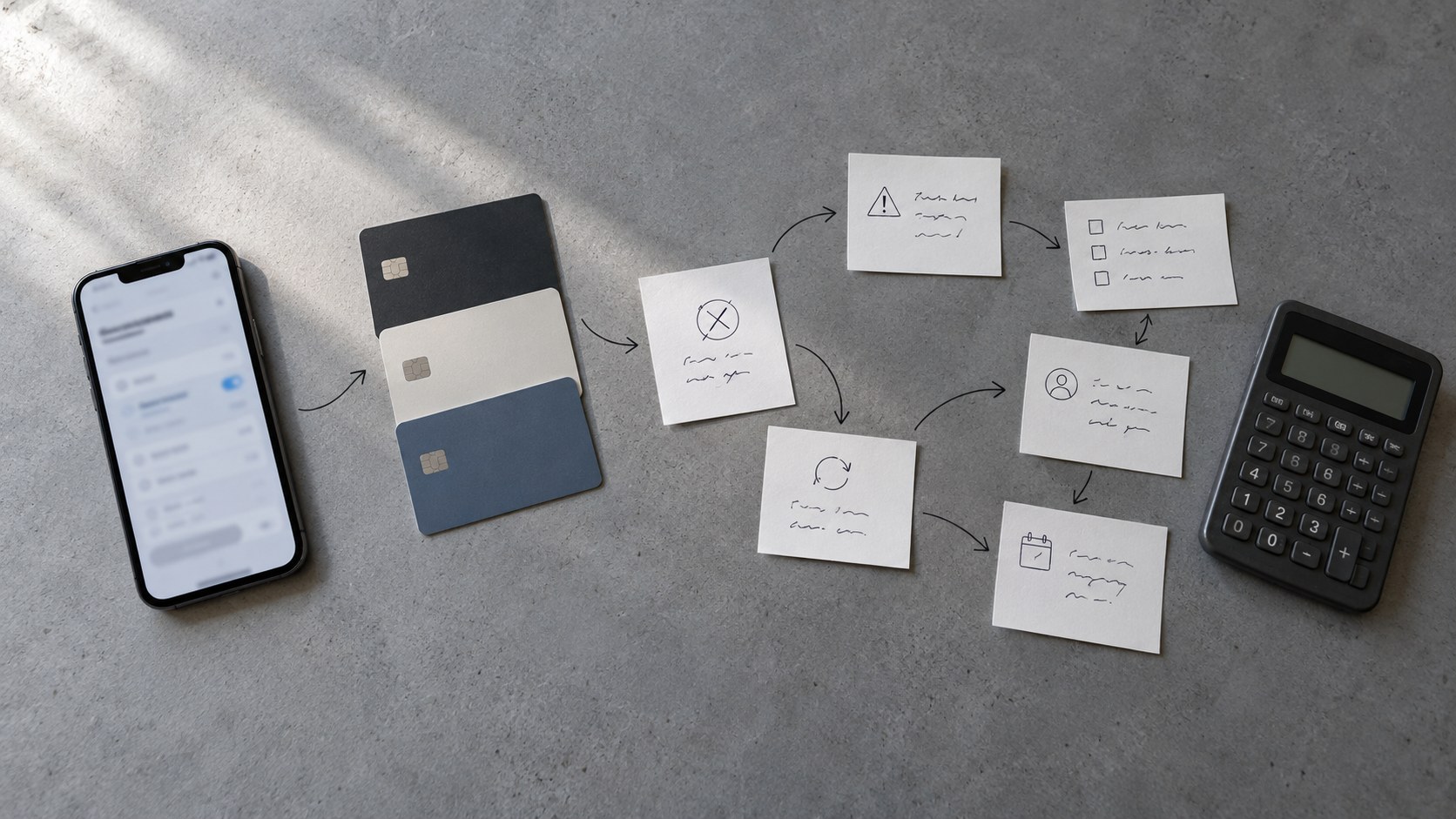 Overhead view of a phone, test cards, handwritten recovery-flow notes, and calculator arranged across a gray studio worktable.