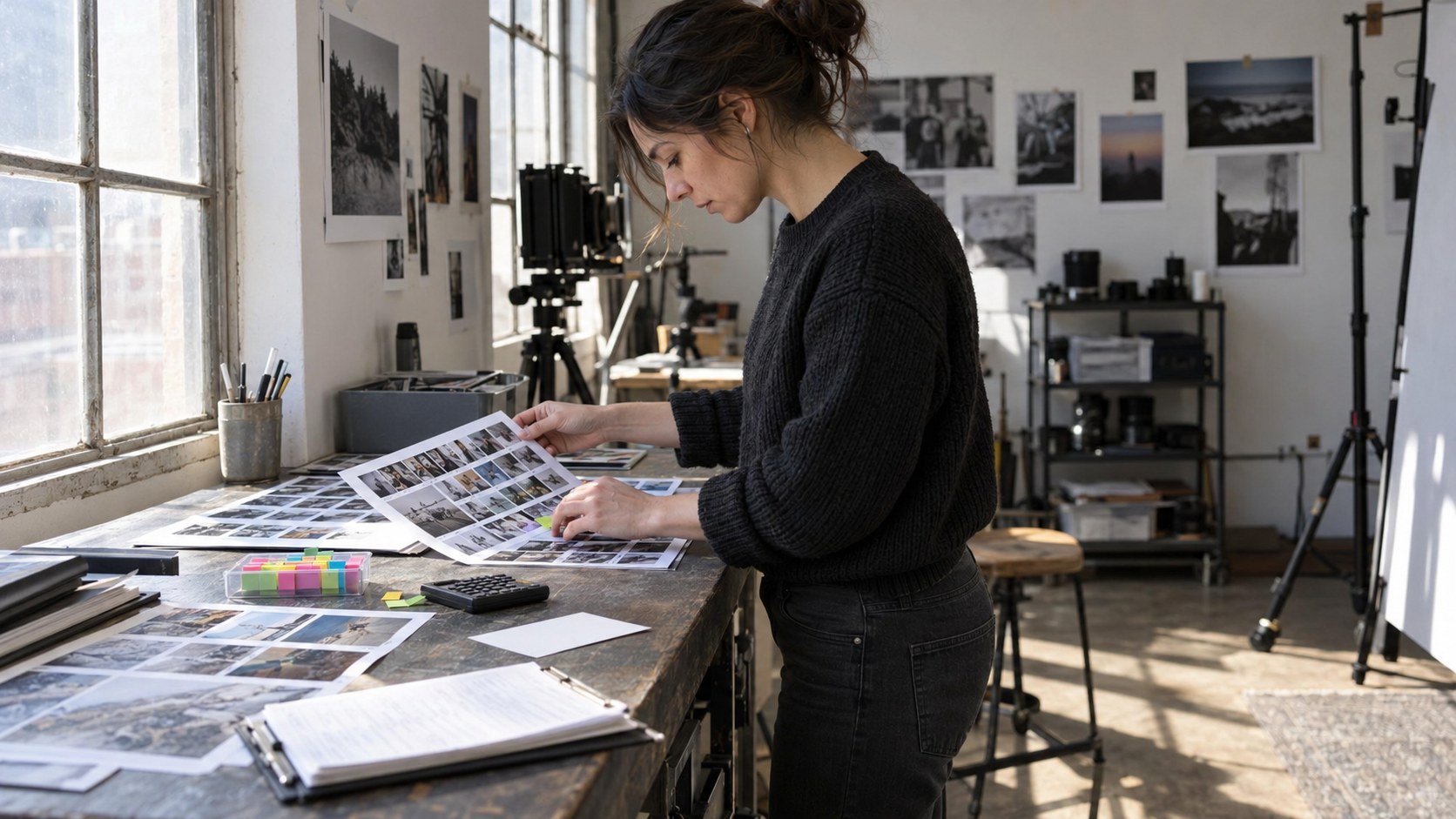Standing creator reviews photo contact sheets and marks details with removable tabs on a studio worktable in strong window light.
