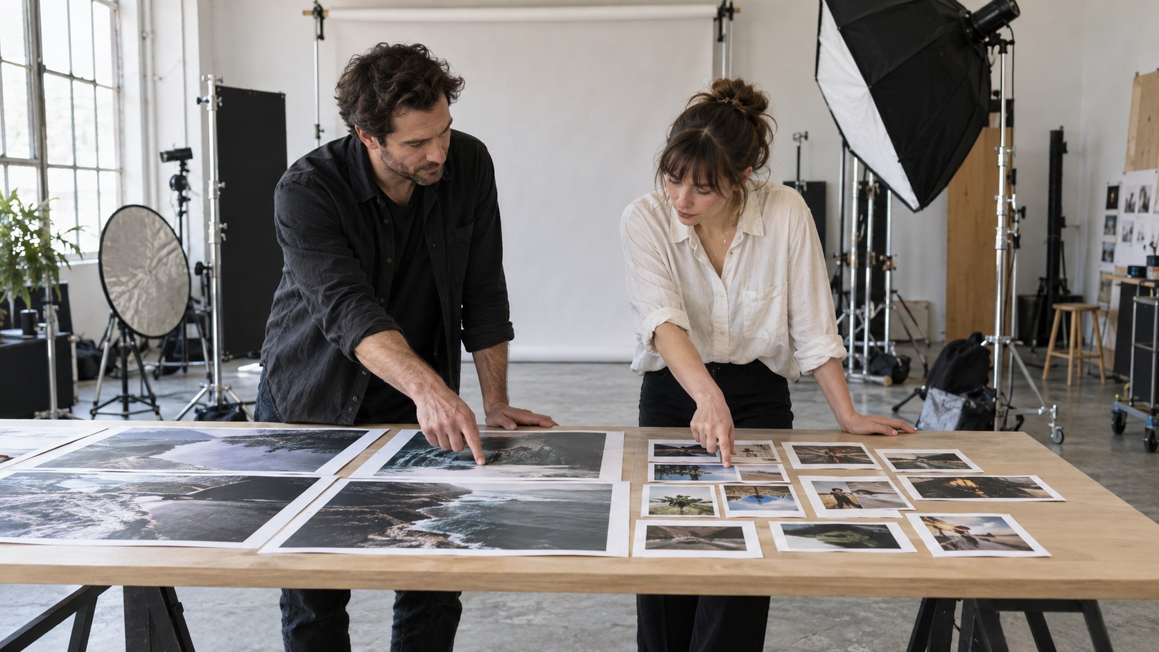 Creator and assistant point to small teaser prints and larger finished proofs spread across a standing table in a.