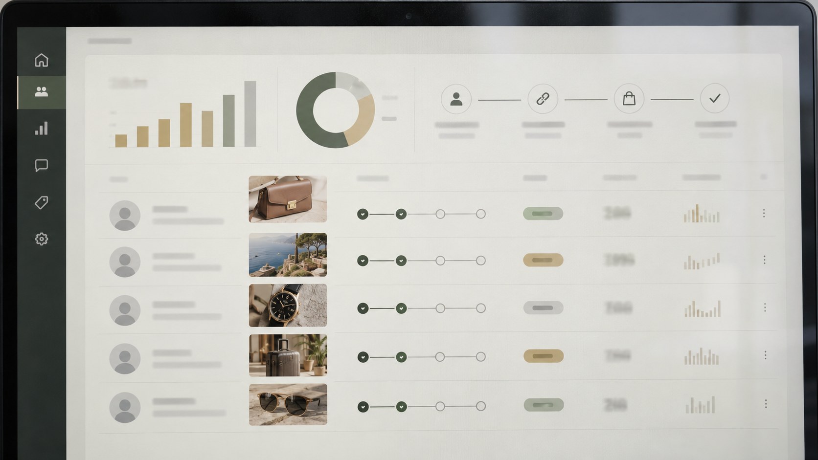 Close frontal view of an unbranded creator referral dashboard with luxury product thumbnails, workflow indicators, charts, and subtle screen reflections.