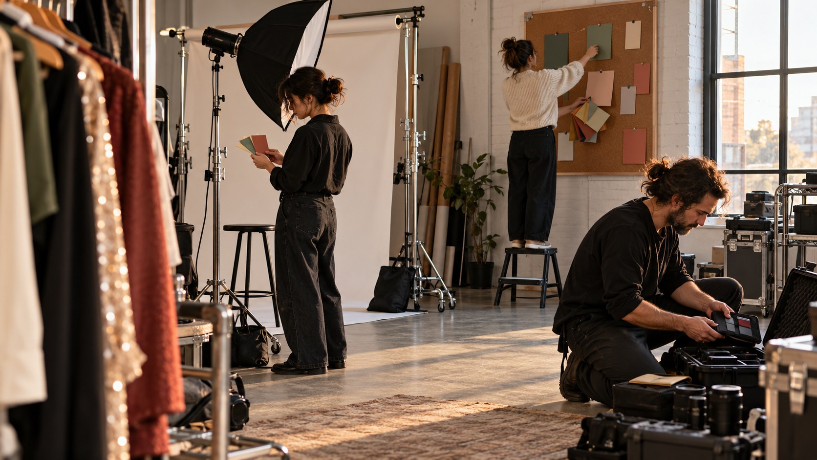 Studio assistant replaces campaign cards as a creator reviews destination cards and a photographer packs gear beside an active set and wardrobe rack.