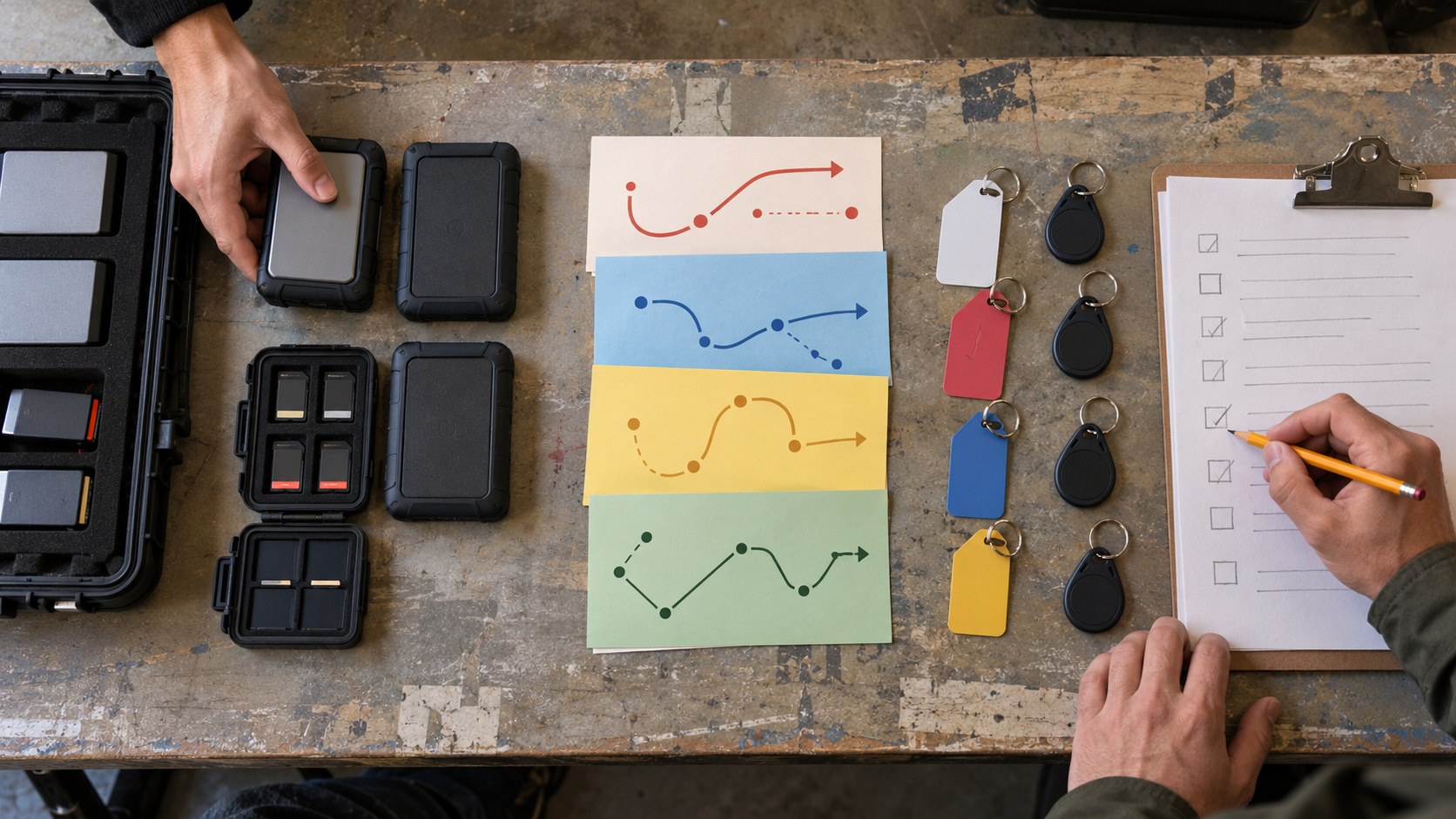 Overhead view of hands organizing campaign drives, route cards, access fobs, and a paper checklist on a worn studio worktable.