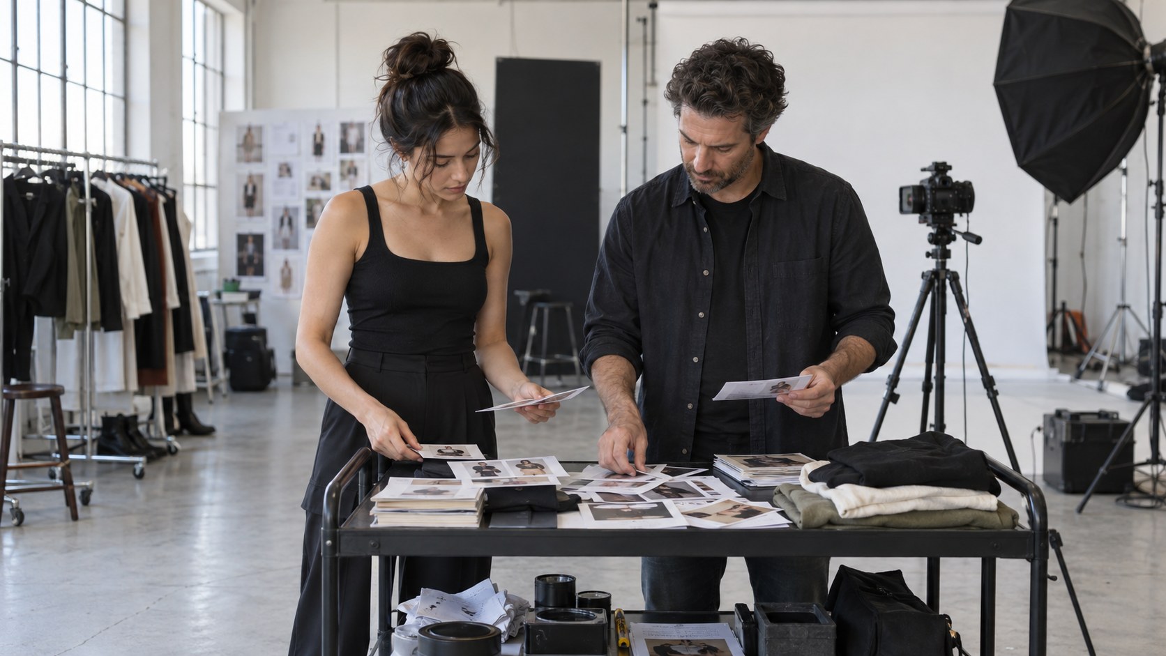 Creator and photographer sort printed feedback and photo proofs on a rolling cart in a daylight studio.