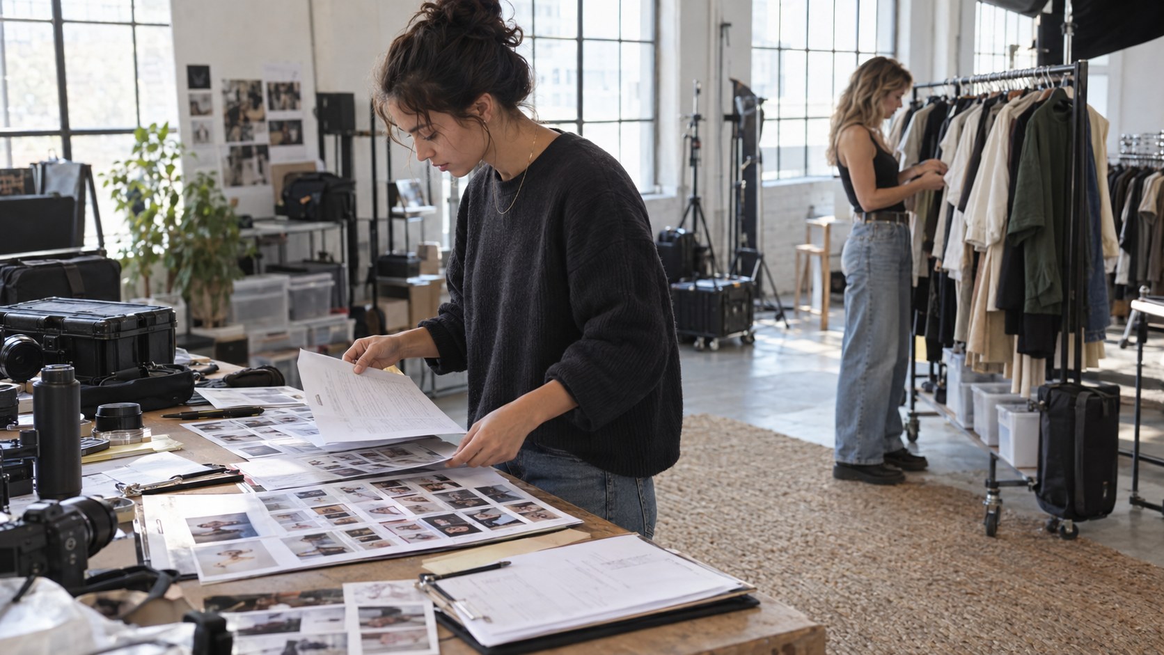 An assistant compares permission forms with photo contact sheets as a creator checks clothing on racks in a daylight production studio.