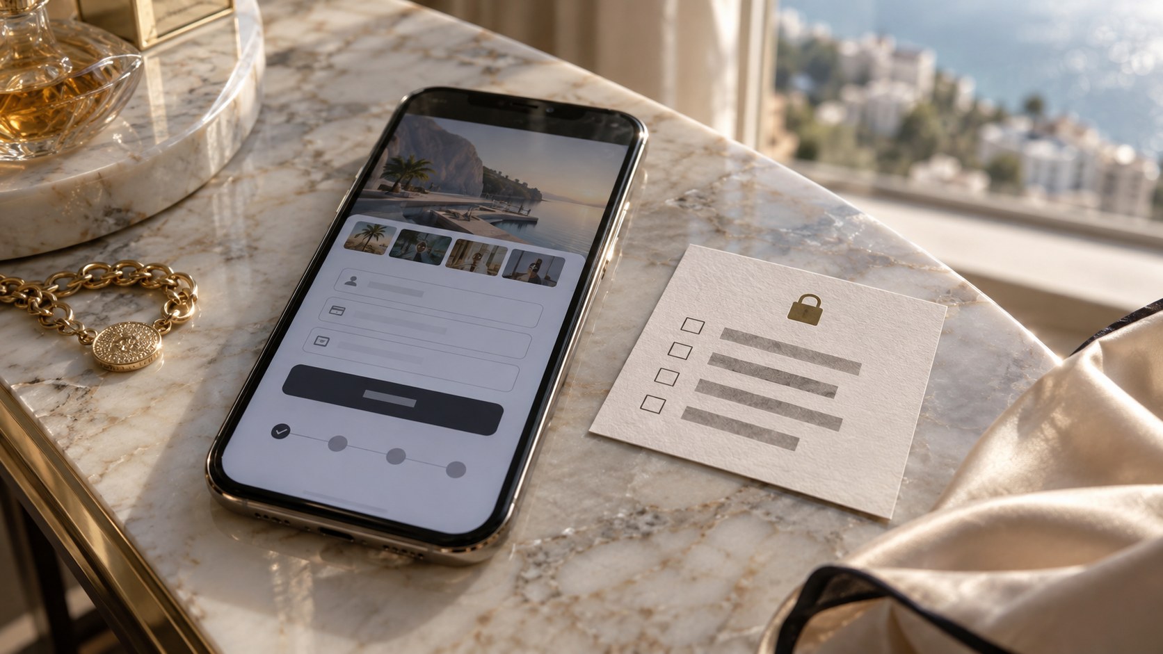 Unbranded phone displaying a creator checkout flow beside a printed backup card, gold jewelry and silk on a sunlit marble vanity.