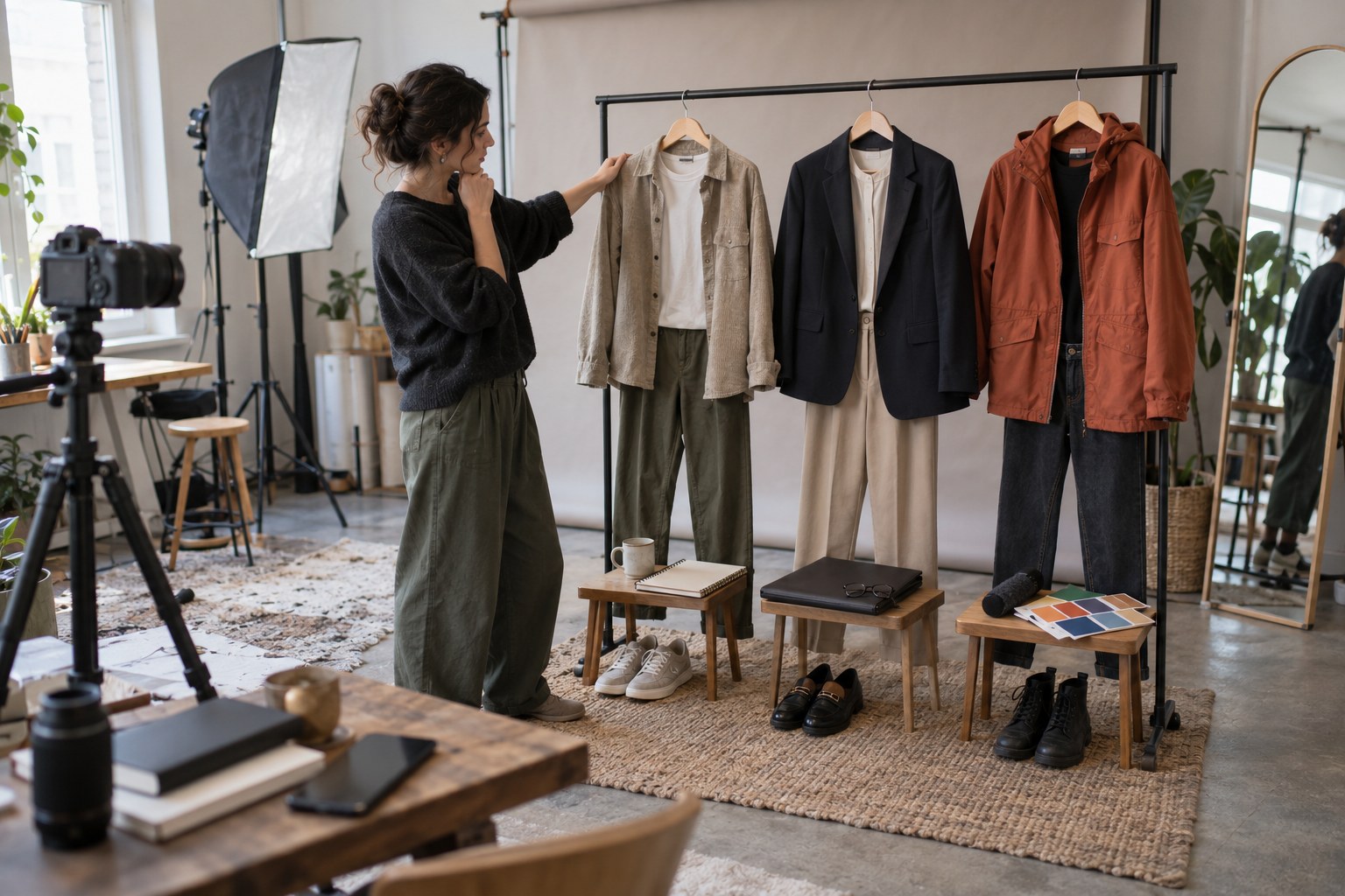 Creator reviewing three wardrobe concepts after a home-studio content test