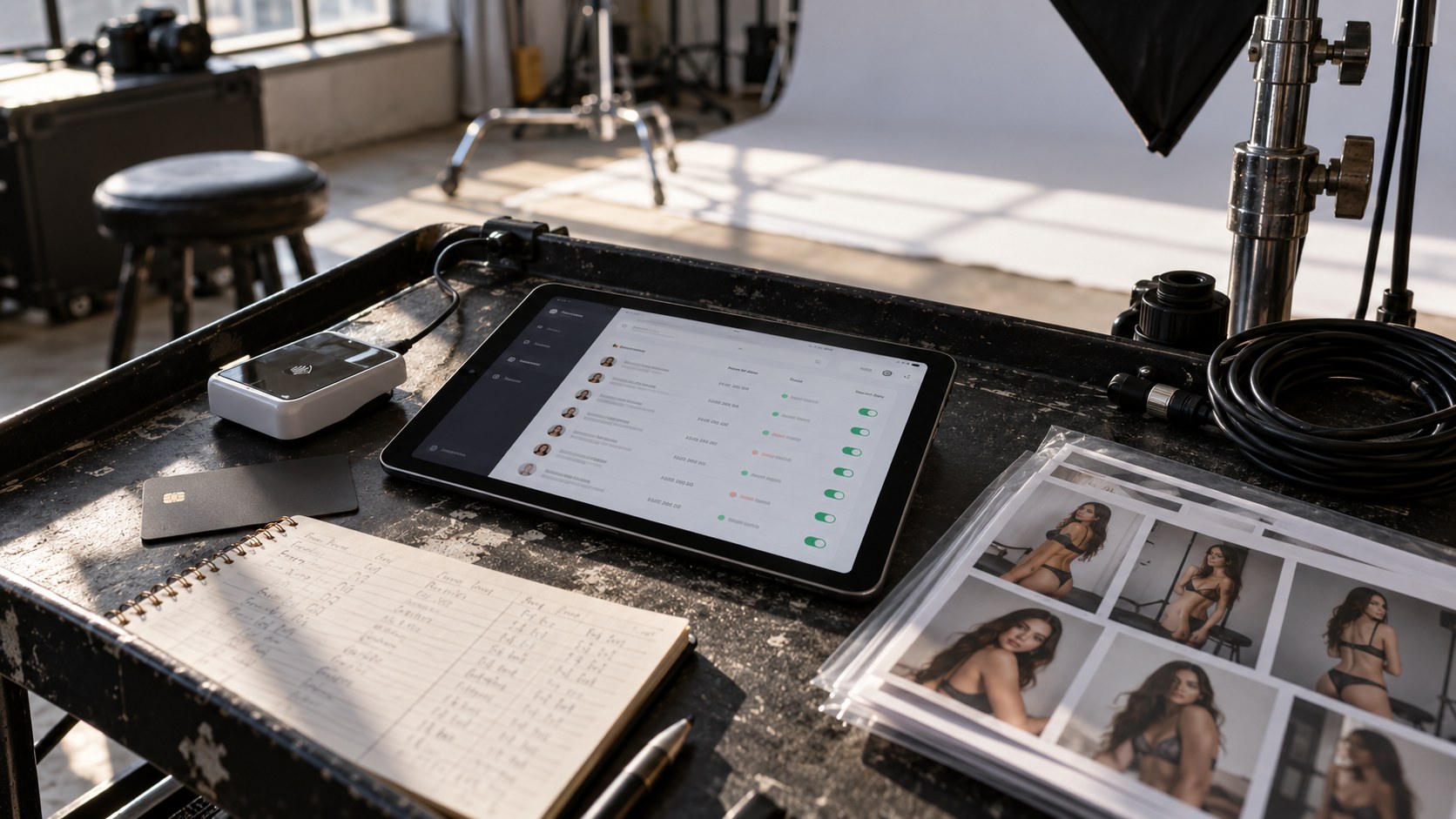 Tablet with a subscription management screen, payment card, ledger and glamour contact sheets on a worn studio equipment cart.