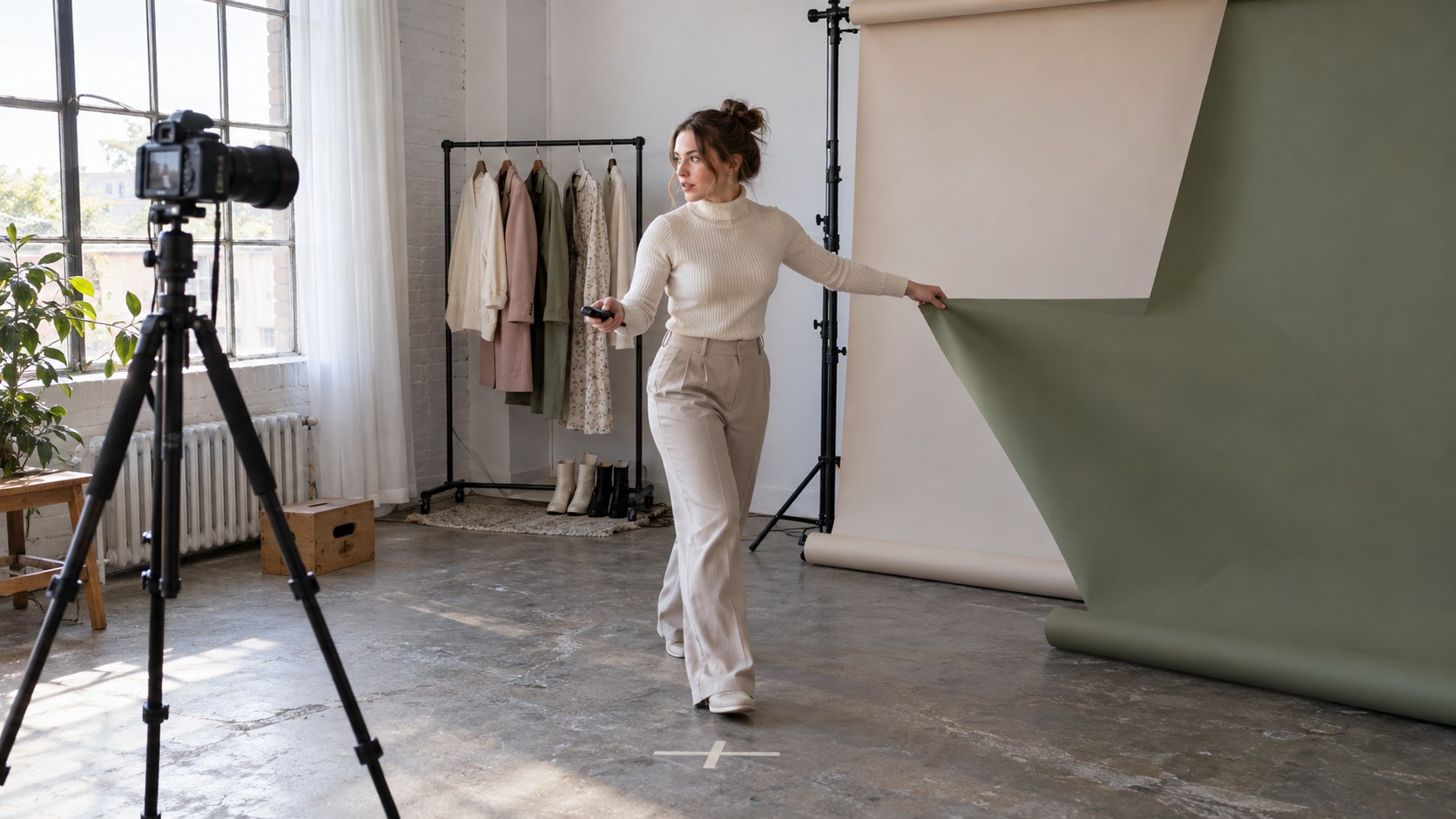 Creator uses a camera remote while changing a paper backdrop in a daylight studio, with a tripod-mounted camera and garment rail nearby.
