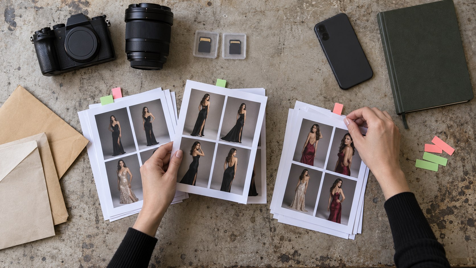 Overhead view of hands sorting glamour shoot contact sheets beside unbranded camera gear, memory cards, envelopes.