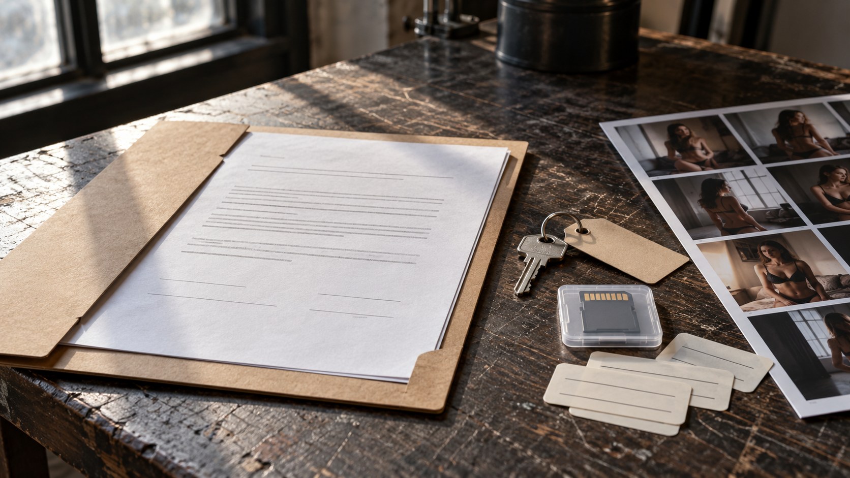 Contract folder, access key, storage card, asset labels and glamour contact sheet arranged on a worn studio table in window light.