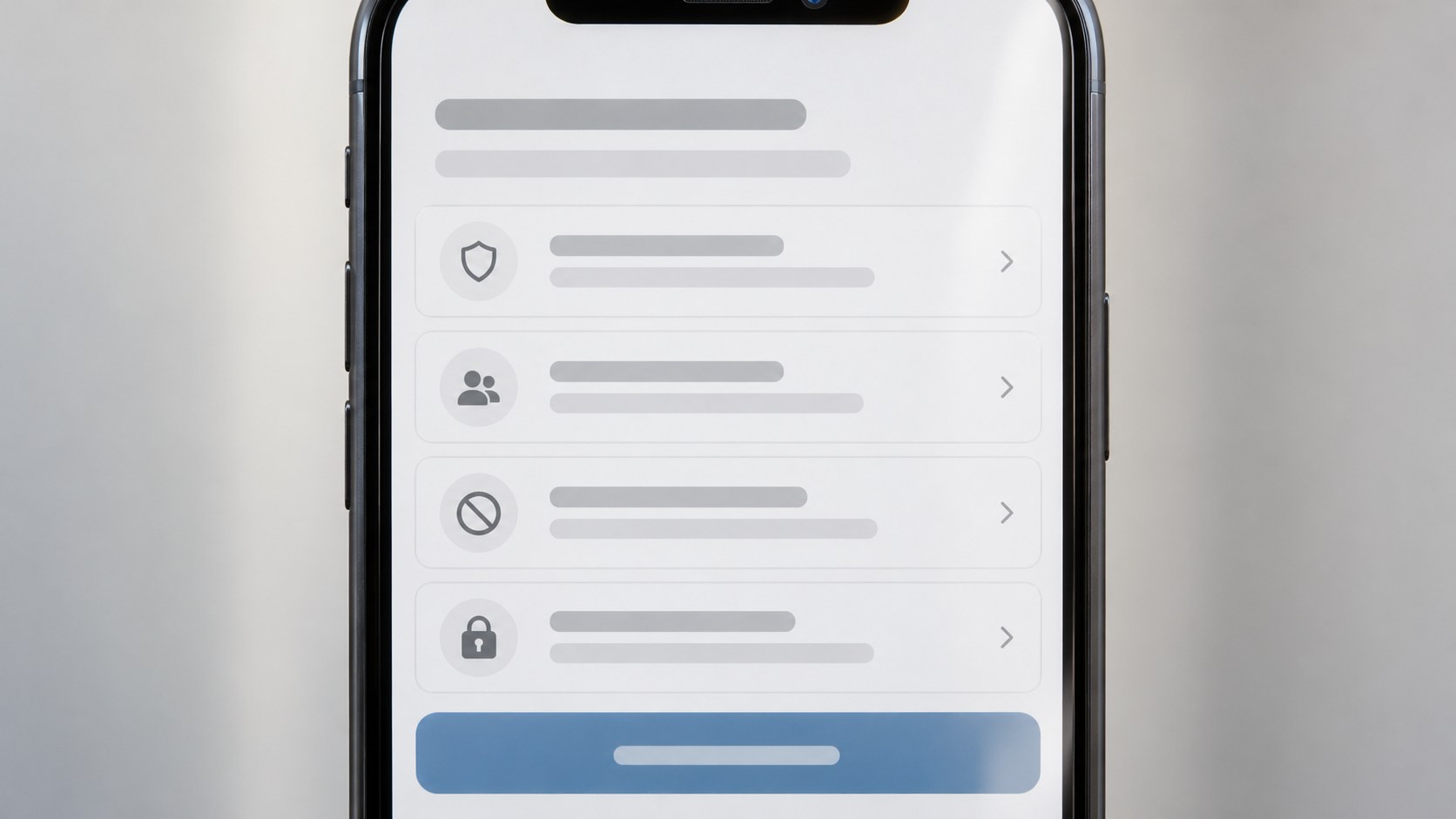 Close frontal view of an unbranded smartphone displaying an indistinct community rules review screen with neutral icons and a blue action button.