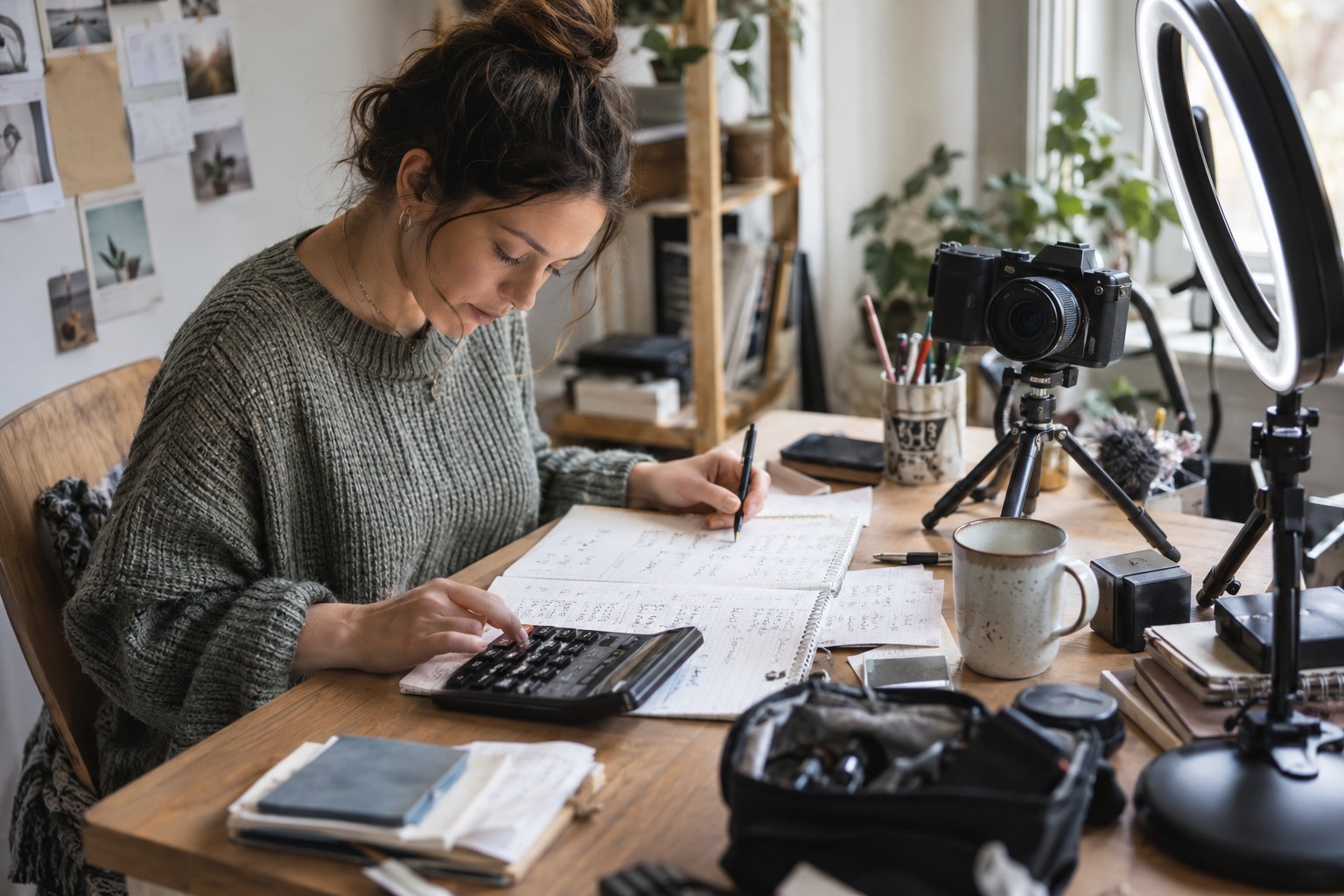 Creator calculating customer value beside content-production equipment