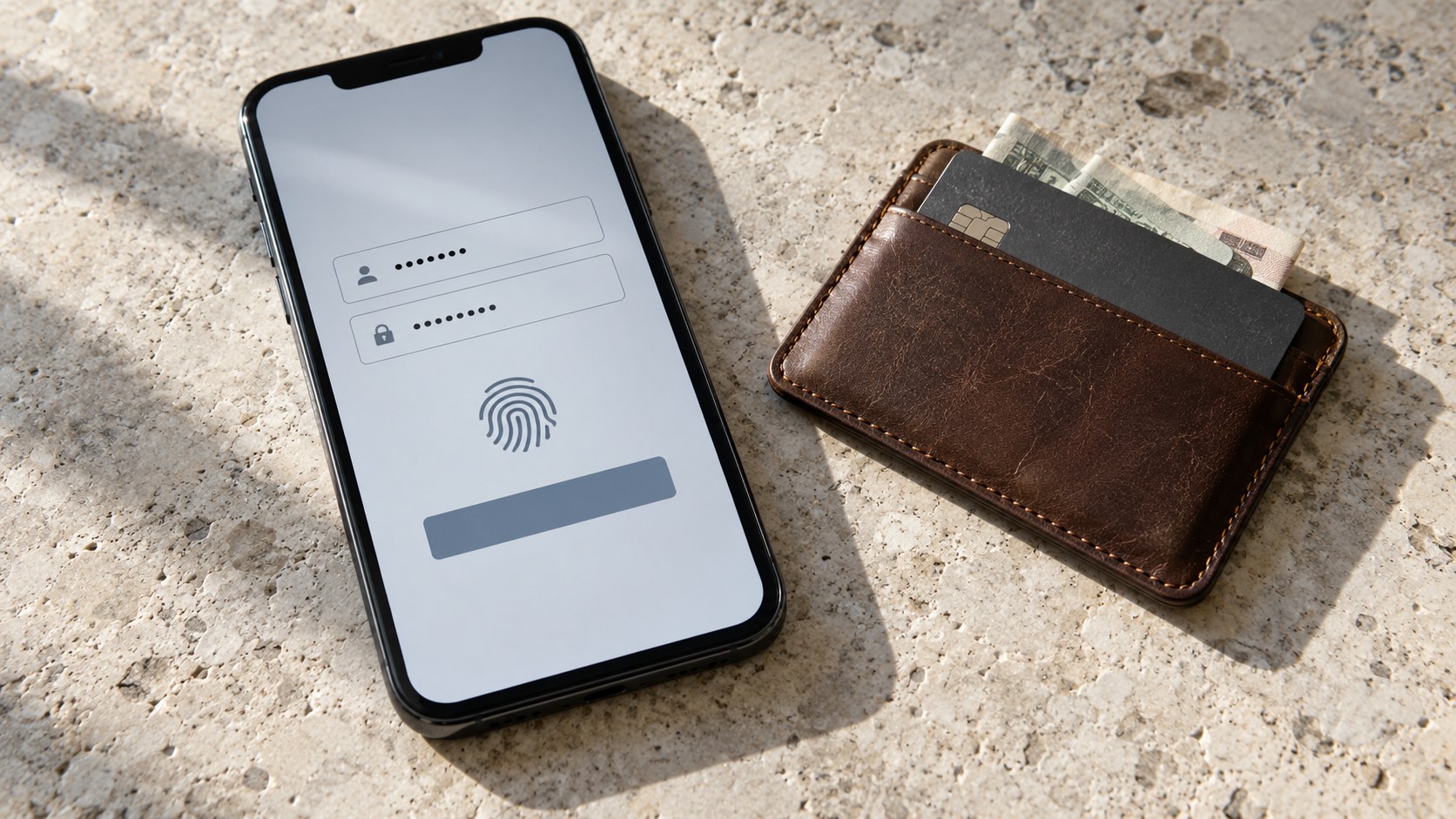 Smartphone displaying a biometric account-access screen beside a leather card holder, payment card, and folded cash on sunlit stone.