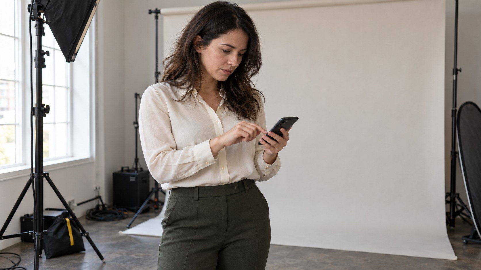 Adult creator taps a promotional link on her phone while standing beside a seamless backdrop and lighting equipment in a naturally lit studio.