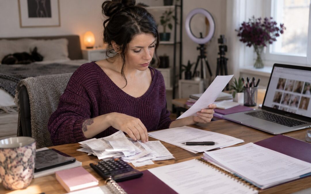 Creator reviewing payout records and business documents at a home studio desk
