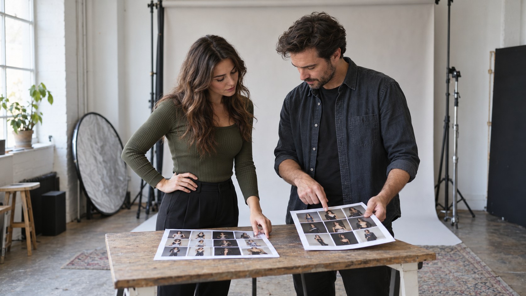 A creator and photographer compare two contact sheets of fully clothed glamour portraits at a wooden table in a daylight photo studio.