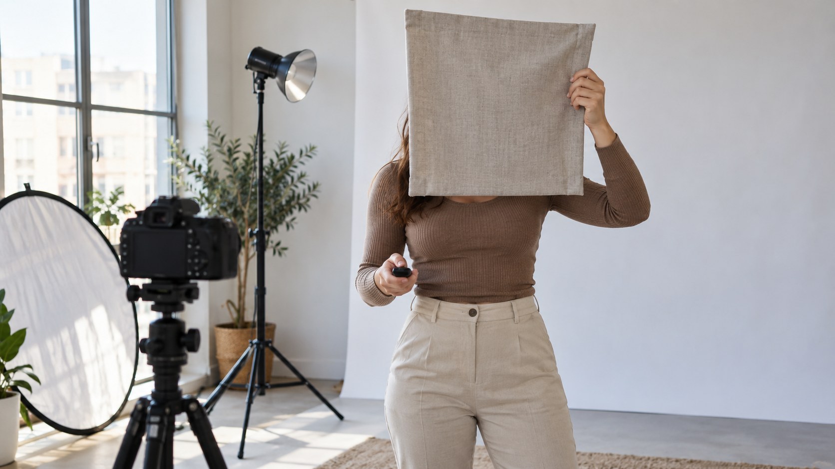 Adult creator holds an opaque fabric screen over her face while operating a camera remote in a daylight studio with a tripod, reflector and light stand.