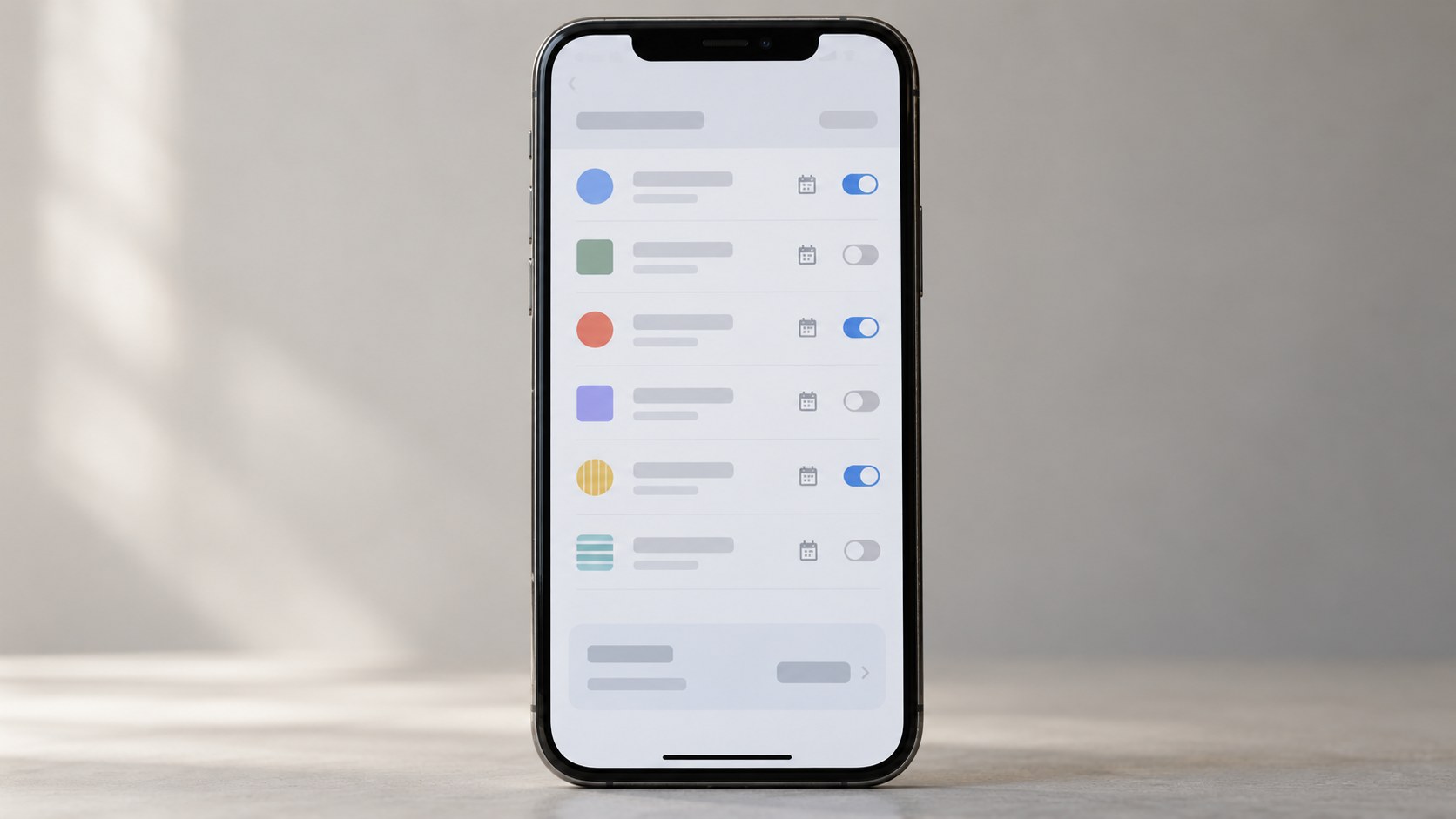 Front view of an unbranded smartphone displaying a subscription management screen with payment rows and toggle controls.