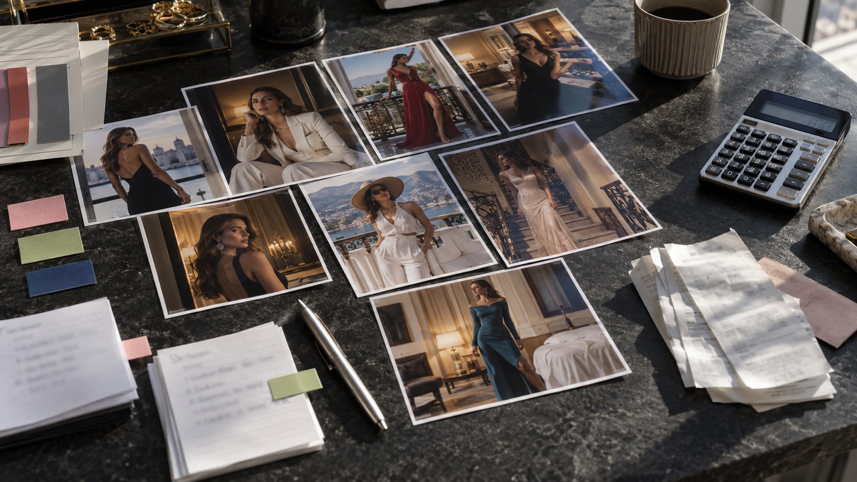 Luxury fashion creator proof photos, test cards, receipts and a calculator arranged for review on a sunlit stone.