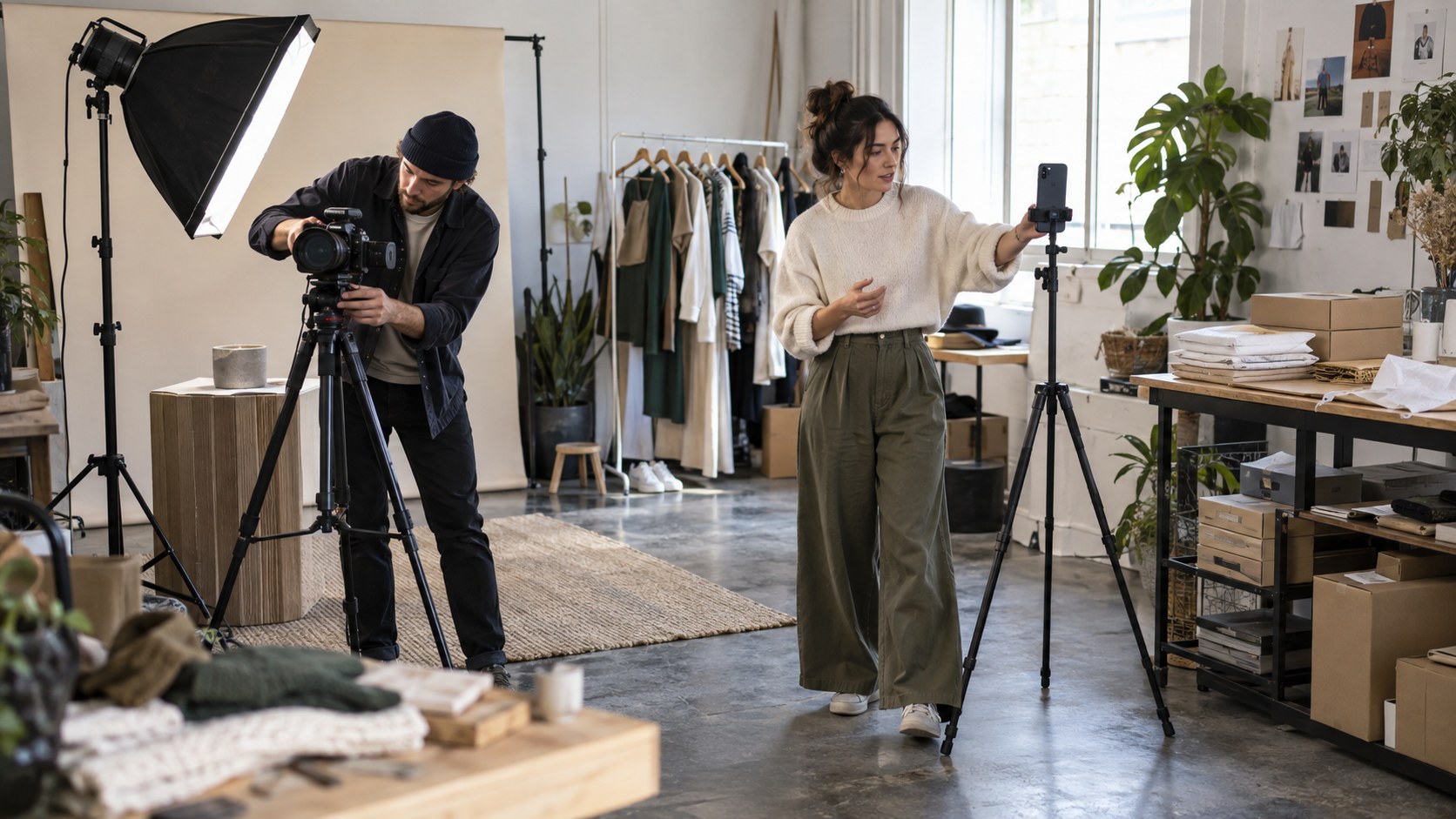 Creator adjusts a phone camera while a photographer prepares a second camera in a daylight studio with wardrobe and packing areas.