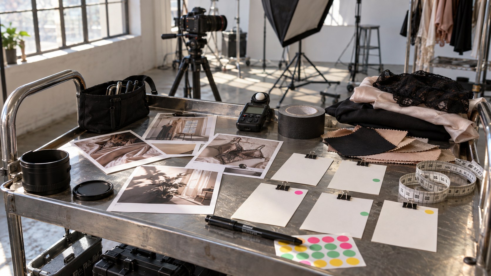 A rolling studio cart holds shoot-concept prints, checklist cards, fabric swatches and production tools.