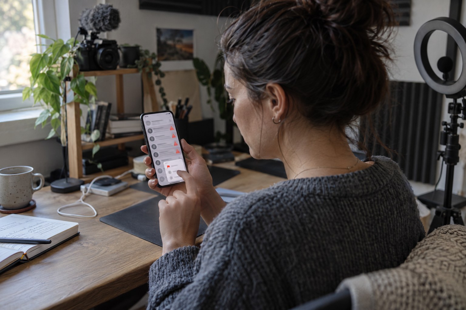 Creator reviewing suspicious promotion messages at a desk