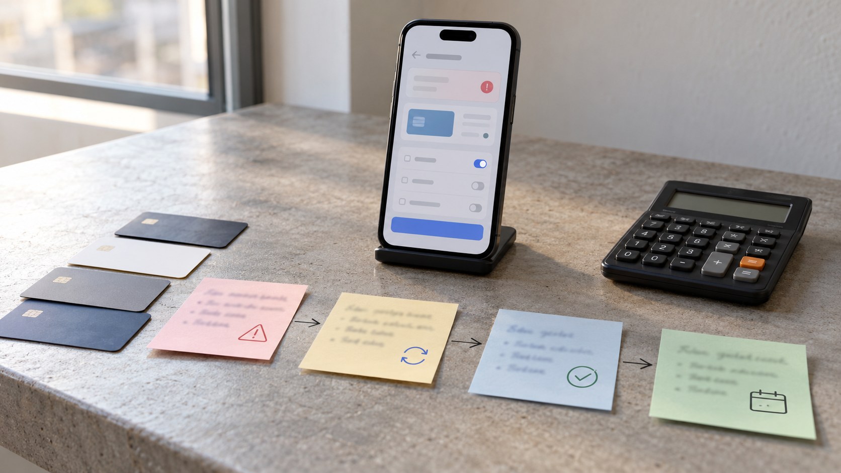 Phone with an unlabeled payment screen beside test cards, workflow notes, and a calculator on a naturally lit studio counter.