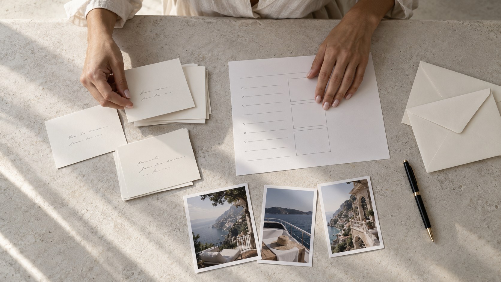 Overhead view of a woman sorting message cards beside an offer-planning sheet, envelopes.