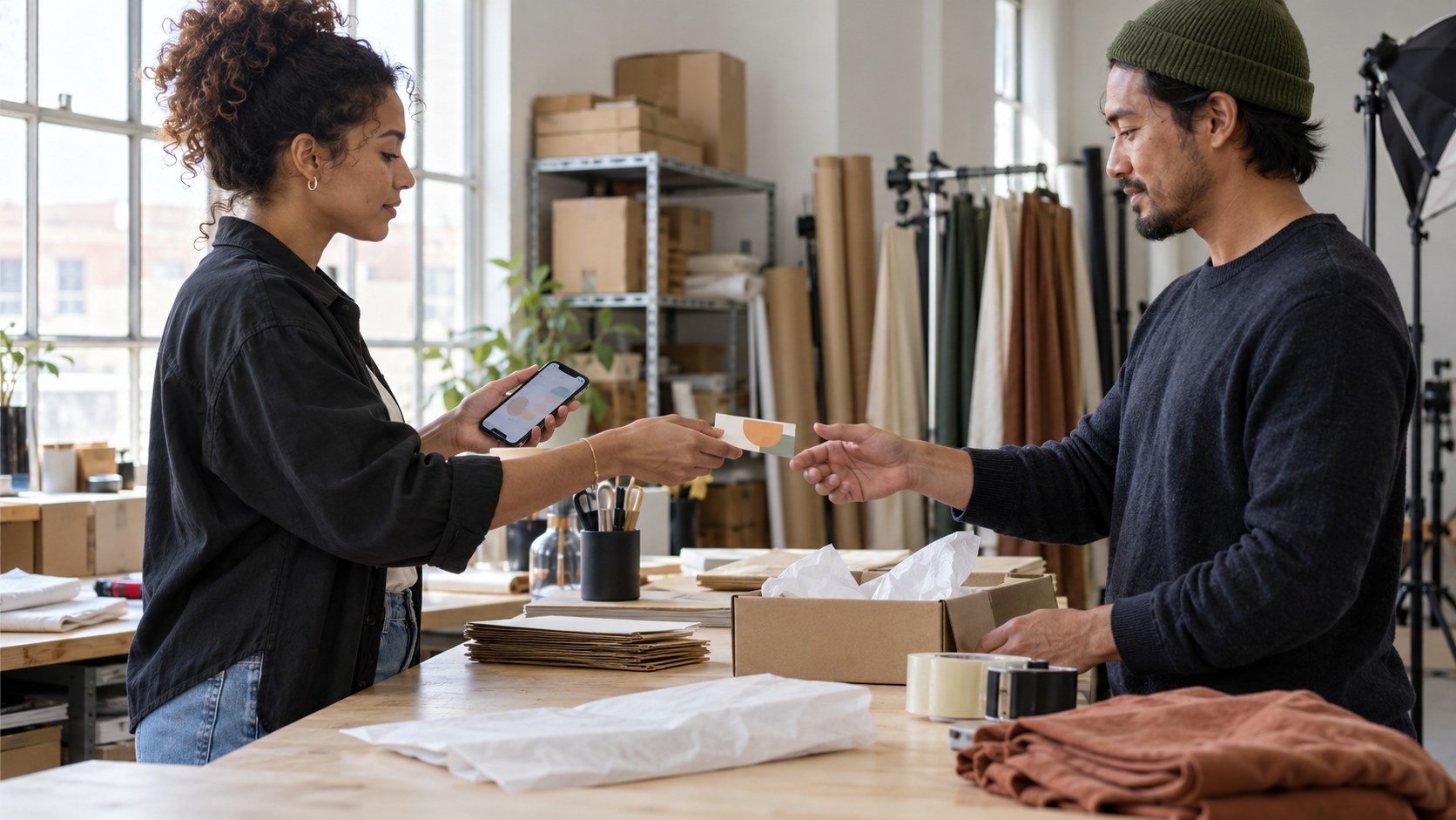 A standing creator passes a campaign card to a collaborator while holding a phone at a naturally lit studio packing counter.