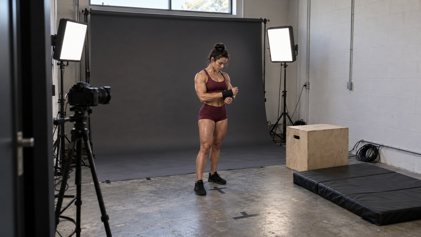 Athletic woman tightens a wrist wrap in a compact photo studio prepared with lights, camera, backdrop, exercise mat and plyometric box.