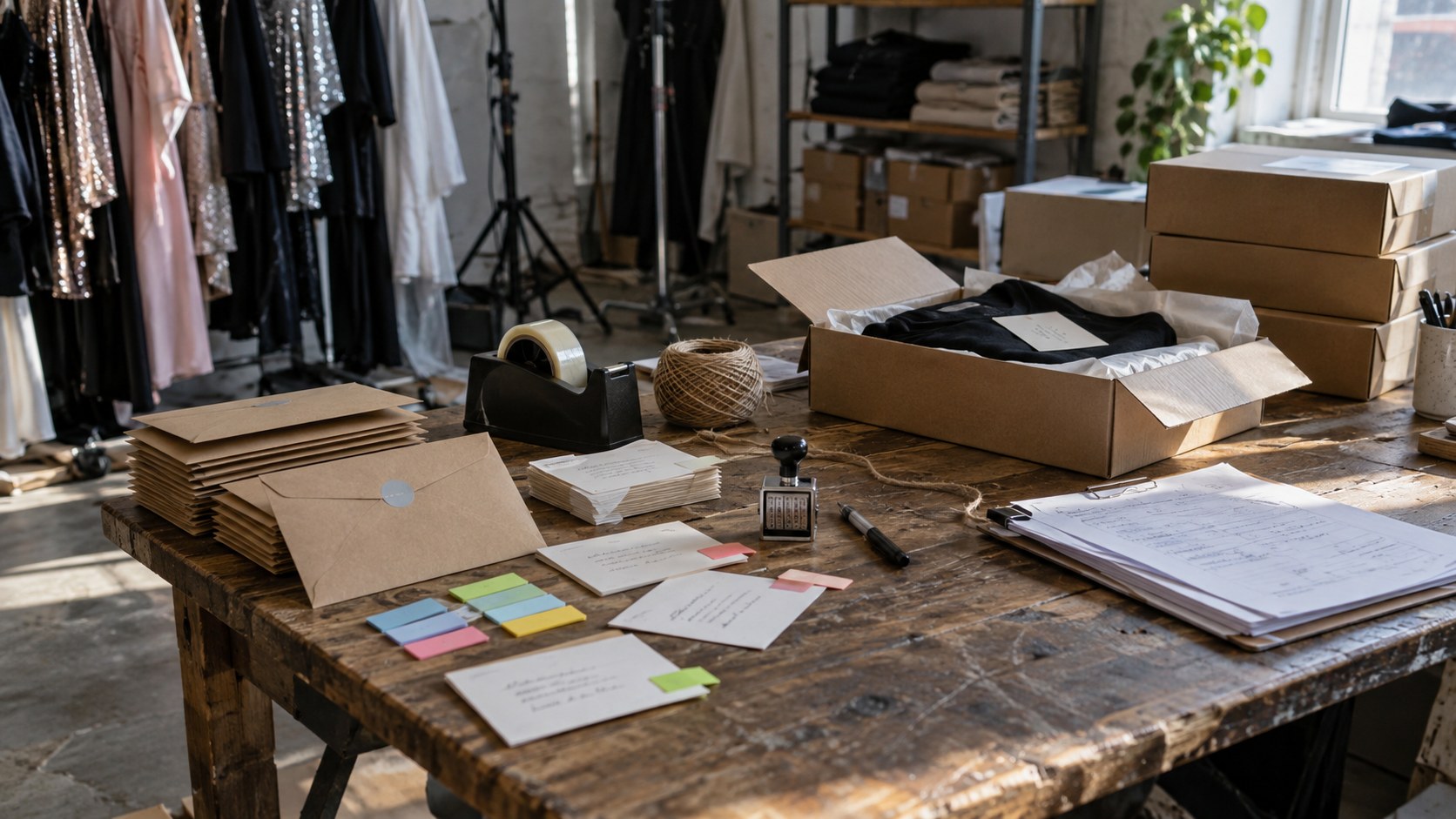 Referral cards, sealed envelopes and outgoing merchandise parcels arranged on a worn studio packing table beside.
