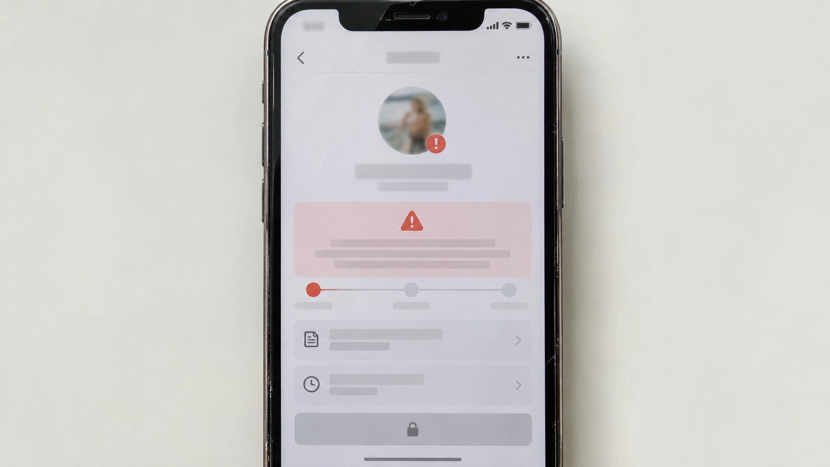 Close frontal photograph of an unbranded smartphone showing a restricted creator account with warning symbols, disabled controls, and an appeal progress indicator.