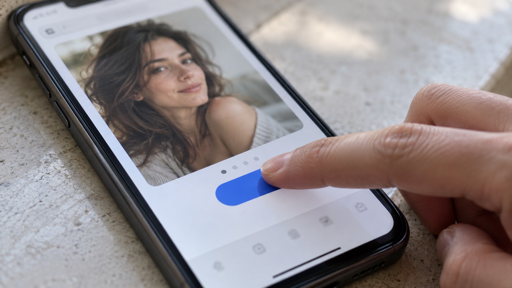 A hand taps a blue profile button beneath a modest portrait preview on an unbranded phone resting on a stone ledge.