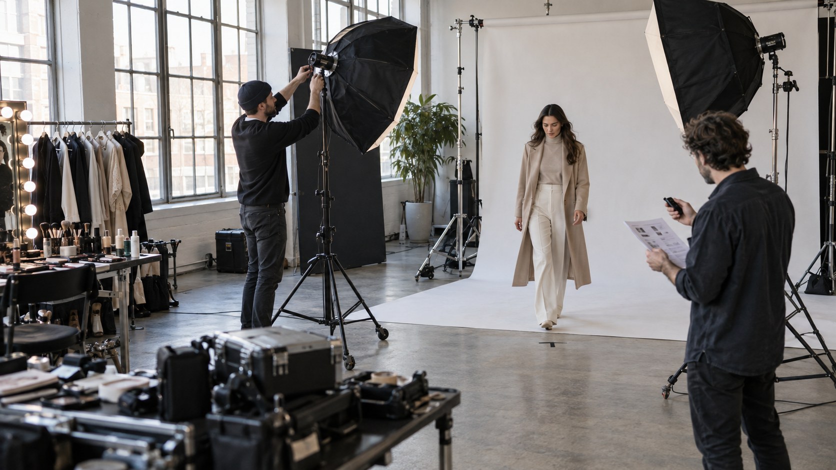 Fashion creator walks toward her mark as two crew members rehearse lighting.