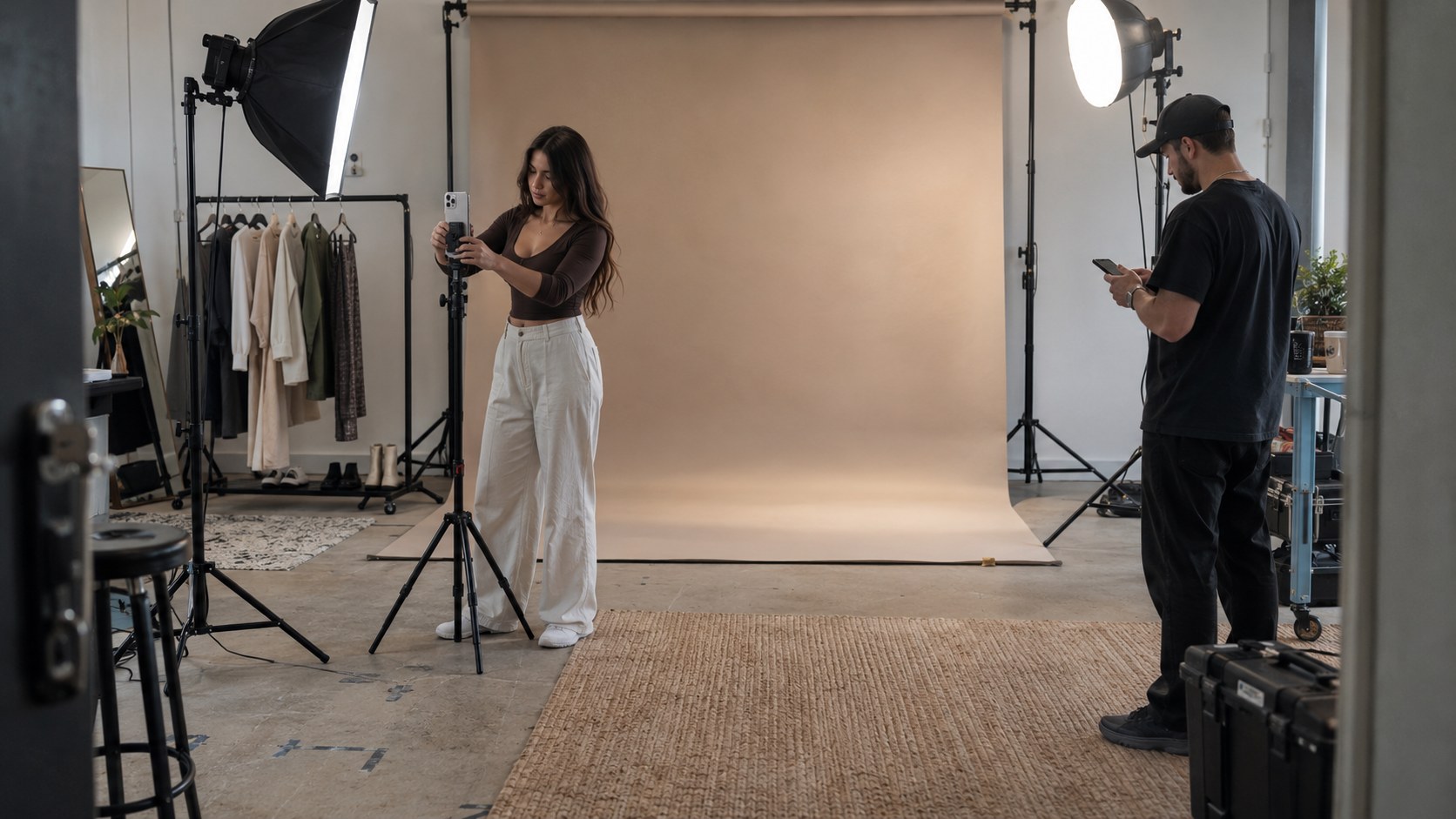 Wide view of a creator adjusting a tripod-mounted phone while an assistant checks a handheld device in a compact.