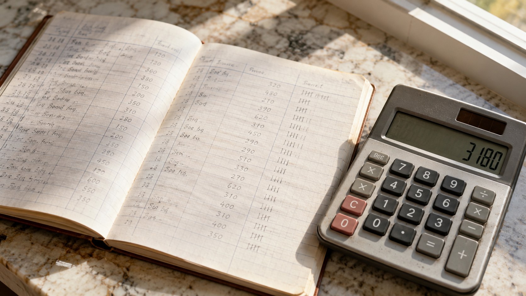 Sunlit close-up of an open handwritten campaign ledger and an unbranded calculator displaying a total on a veined stone counter.