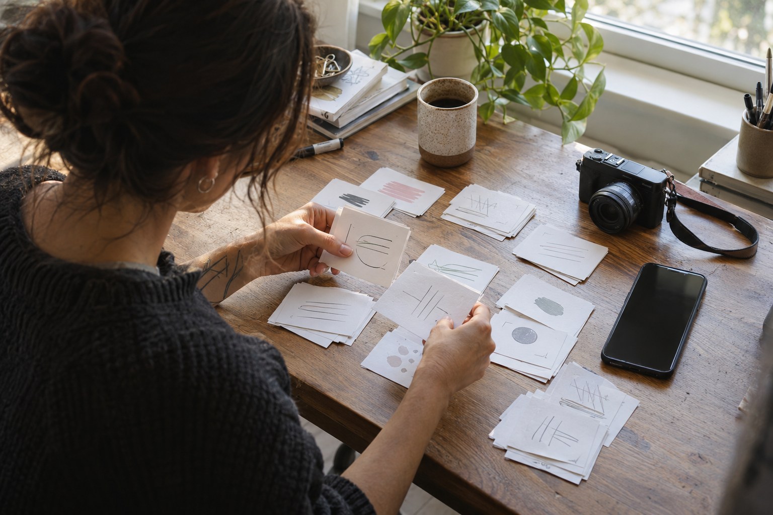 Creator sorting profile audit notes beside a phone and camera