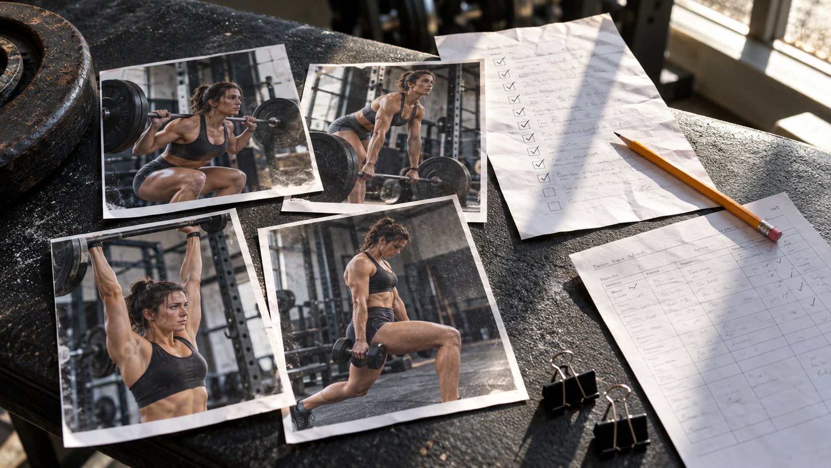 Sunlit gym bench with printed photos of an athletic woman lifting weights, checklists, a pencil and binder clips arranged for review.