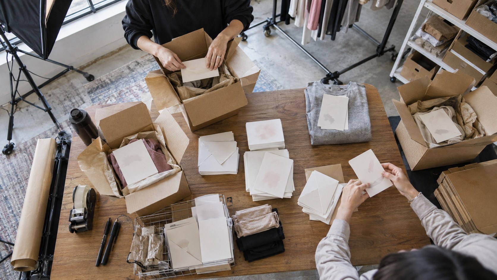 Overhead view of two studio workers sorting envelopes and referral cards.