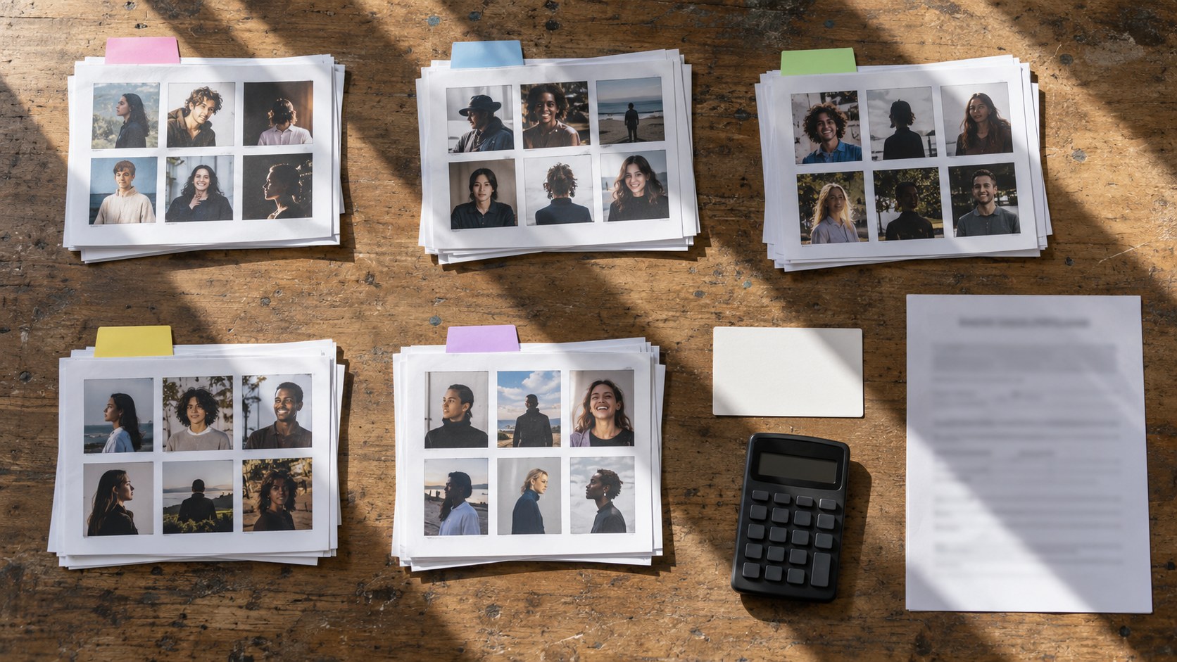 Overhead view of creator contact sheets sorted with colored tabs beside a blank card, calculator, and blurred release form on a sunlit worktable.